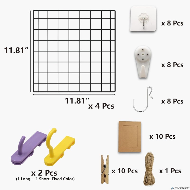 NACETURE 4 Pack Heavy-Duty Grid Wall Panels 12x12 – Double Wire Reinforced Wire Mesh Organizer, 30 lbs Capacity, Wall Display with Hooks & Accessories – Easy to Install for Home, Office & Décor - Image 3